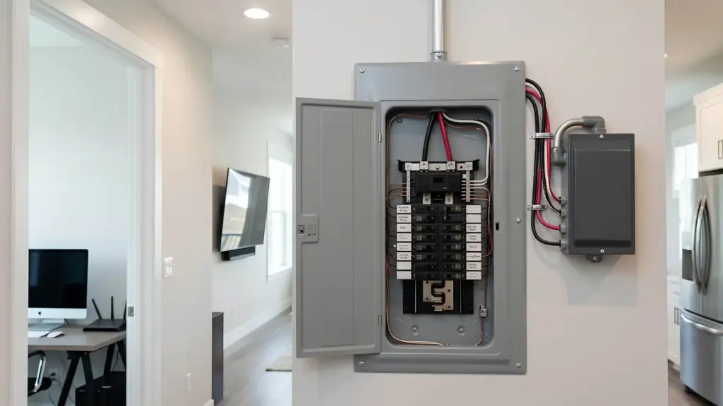 Open electrical panel in modern home