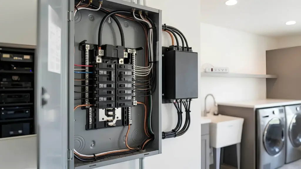 Electrical panel with organized wiring.