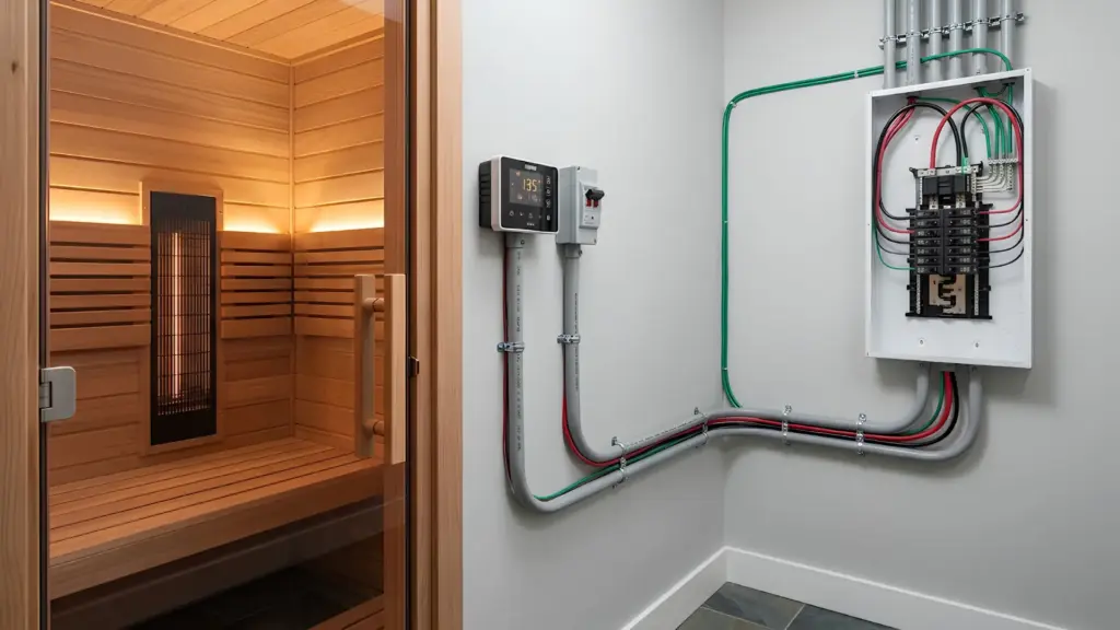 Infrared sauna with electrical wiring setup